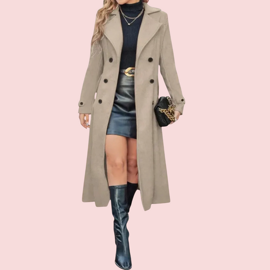 Luxury European Style Chic Woolen Double-Breasted Long Coat